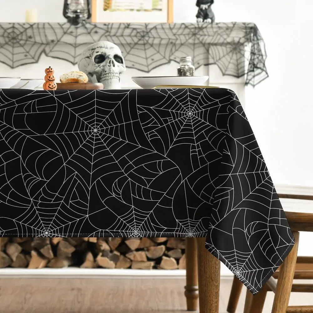 NWT ~ Halloween Black & Metallic Silver Spider Webs Rectangular Tablecloth